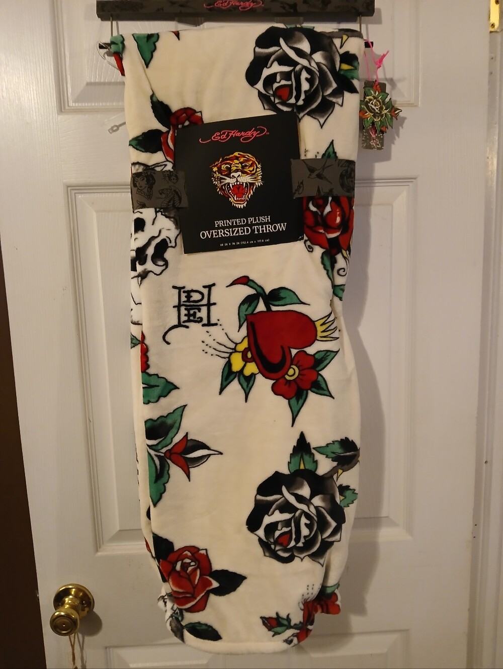 Ed Hardy White Plush Oversized Throw with Red & Black Tattoo Rose Design
